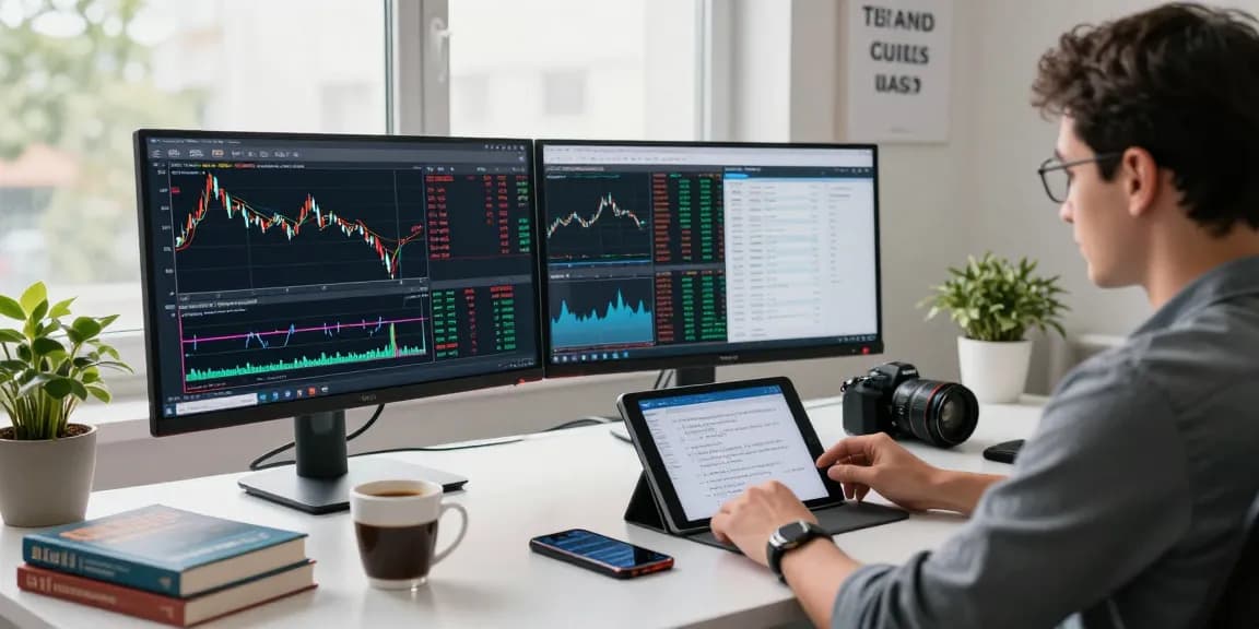 A forex trader's workspace featuring mt4 on multiple screens with charts, analysis notes, and motivational quotes.