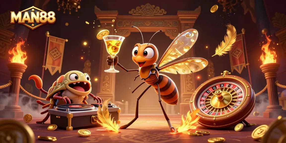 Experience thrilling moments at MAN88 casino featuring a vibrant 3D scene of unique mascots and gaming elements.