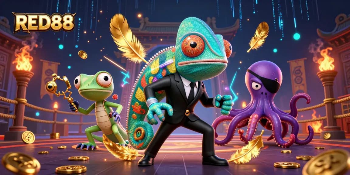 Engage in thrilling gameplay at RED88 with exciting characters in a dynamic, richly detailed casino scene.