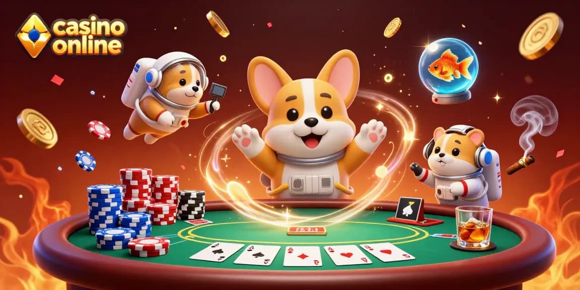 Un astronauta corgi in un casinò spaziale online, circondato da gettoni e portafortuna.