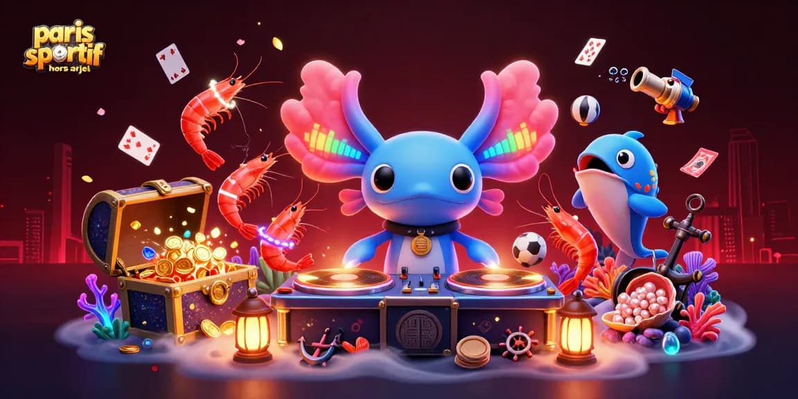 Illustration dynamique de paris sportif hors arjel avec un DJ axolotl et des éléments de jeu.