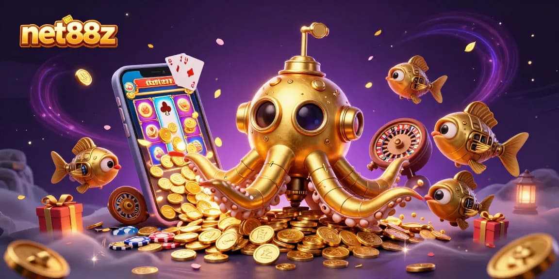 Engage with net88z in a vibrant 3D scene filled with golden coins and exciting gambling elements.