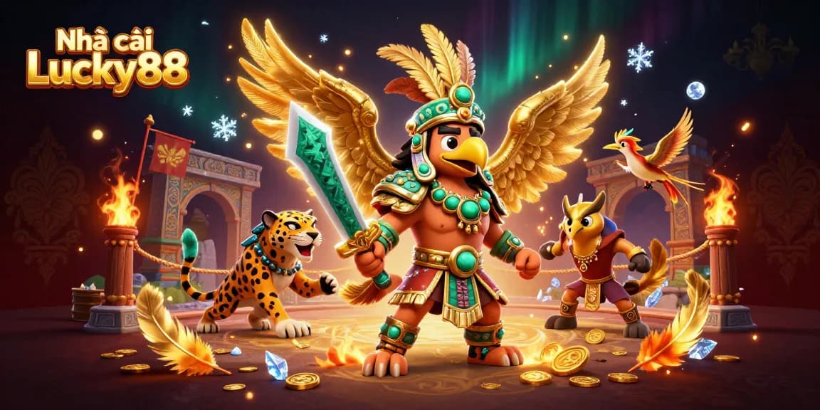 Join the fun with Nhà cái Lucky88, featuring Aztec warriors and gold coins in a vibrant casino scene.