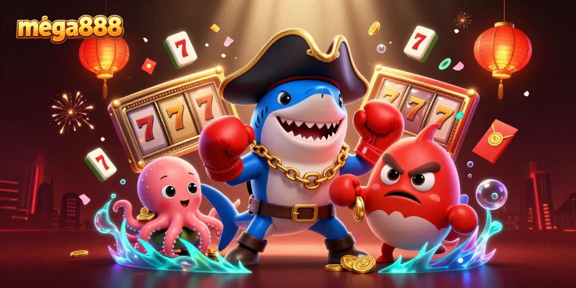 Experience thrilling gameplay with mega888 in this vibrant 3D casino scene featuring charismatic characters.
