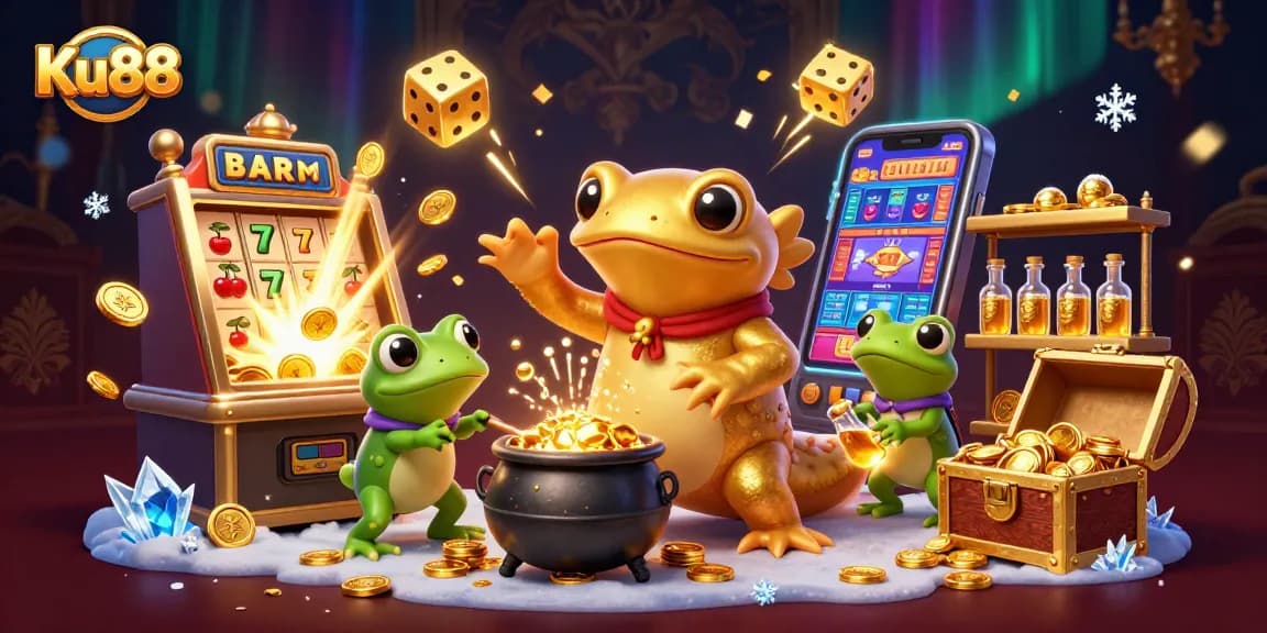 Experience thrilling Ku88 casino magic with a golden salamander alchemist transforming coins in an enchanted scene.