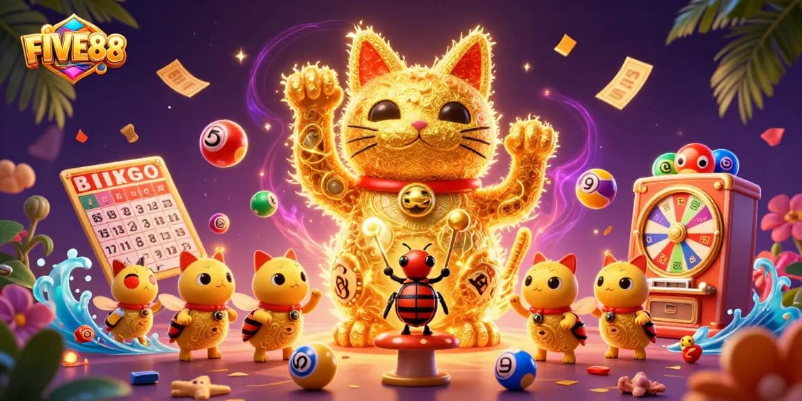 Engage with FIVE88's vibrant casino theme featuring a giant lucky cat and colorful game elements.