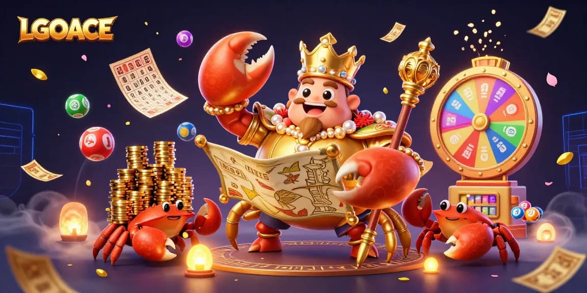 LGOACE engages players with thrilling lottery and bingo excitement, featuring a golden crab emperor and treasure map.
