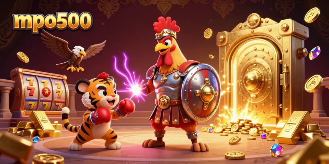 Mpo500 brings excitement to slot games with vibrant characters and gold treasures in a dynamic casino illustration.