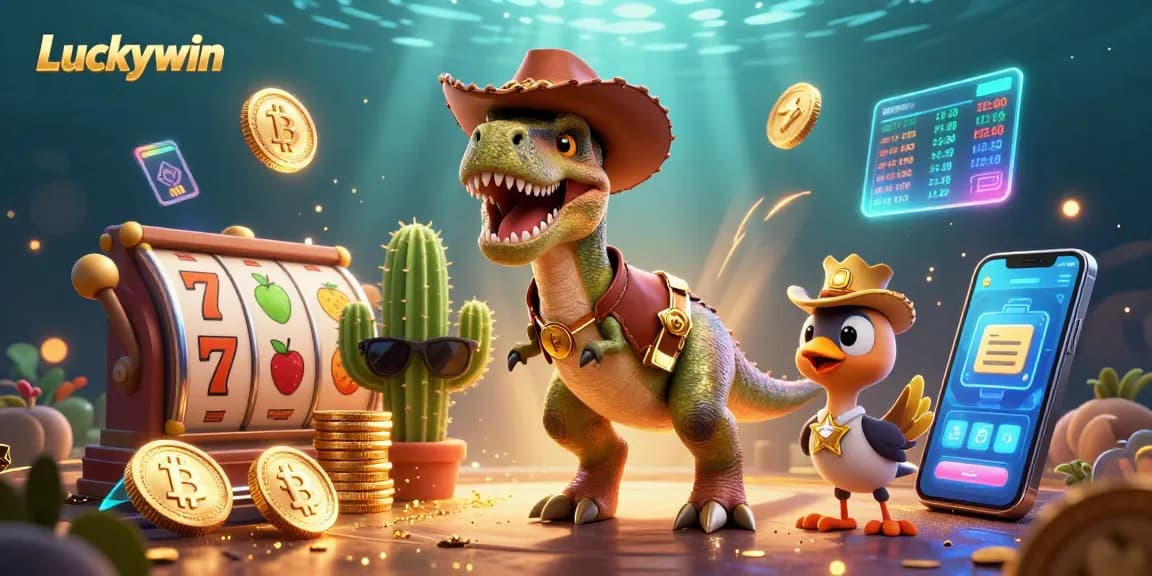 Experience the thrill of Luckywin with a lively casino scene featuring characters and slot elements.