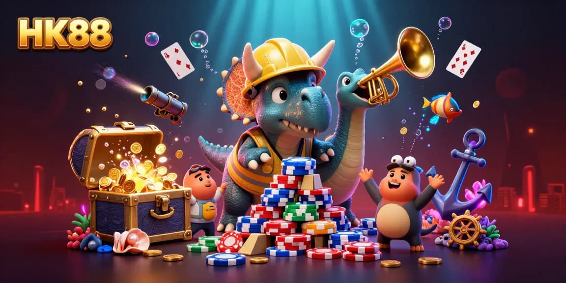 Experience HK88's vibrant gambling world with cartoon dinosaurs celebrating a poker chips pyramid amidst underwater treasures.