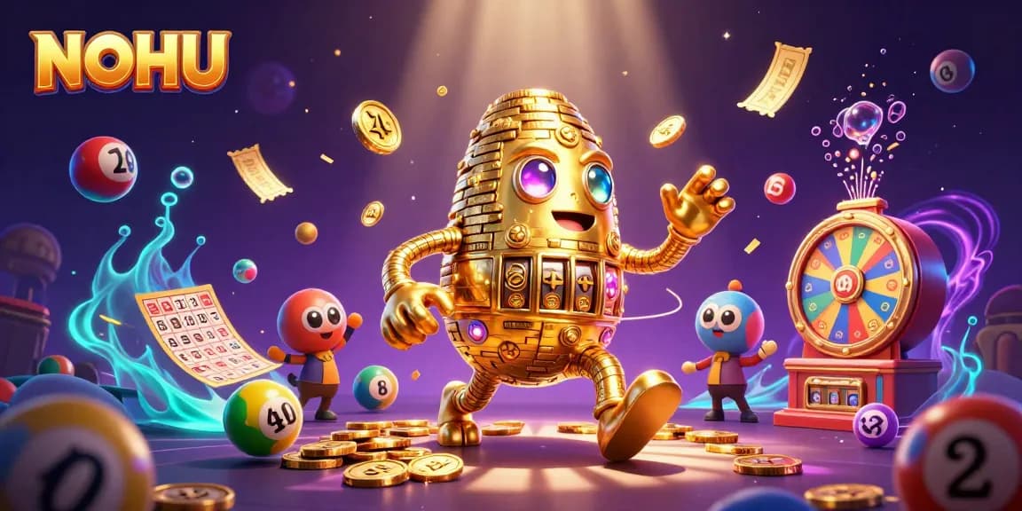 Experience the thrill of NOHU with golden golems and vibrant lottery elements in motion.