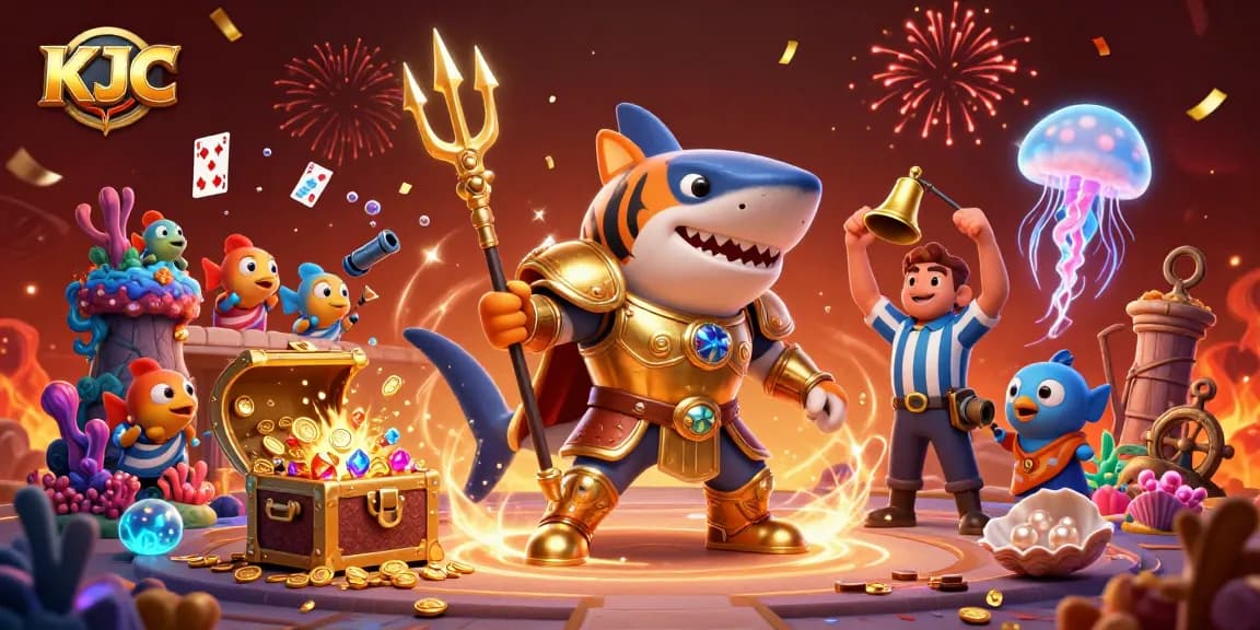 KJC introduces thrilling underwater gambling experience with animated shark gladiator in an engaging casino scene.