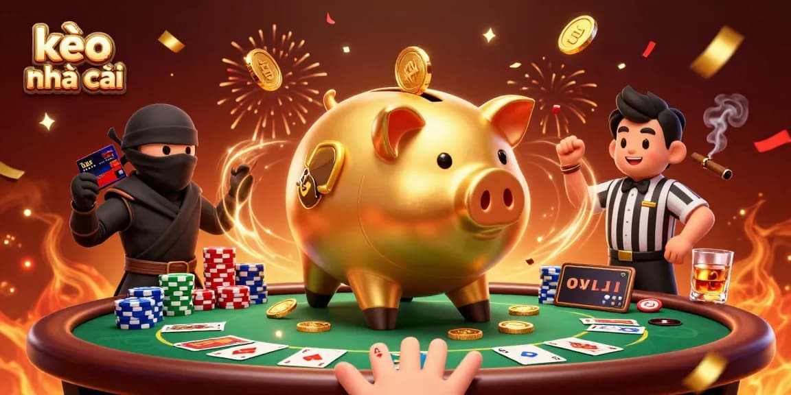 Engage with kèo nhà cái sports betting excitement featuring a golden piggy bank sumo wrestler and dynamic gameplay elements.