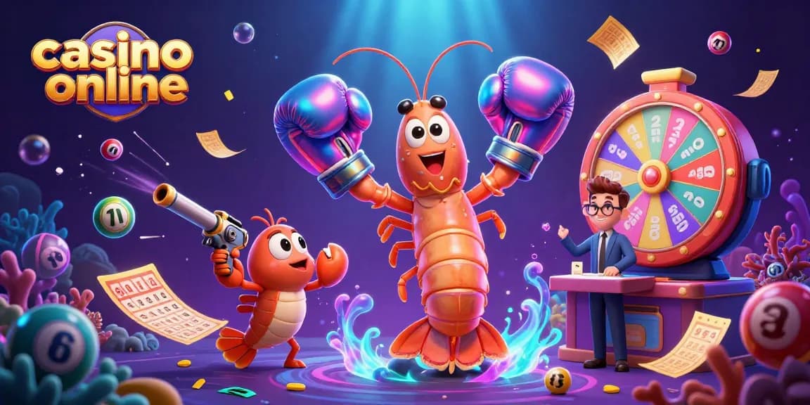 Gioca al casino online con il granchio mantide e i palloni della lotteria colorati in questa illustrazione vivace.