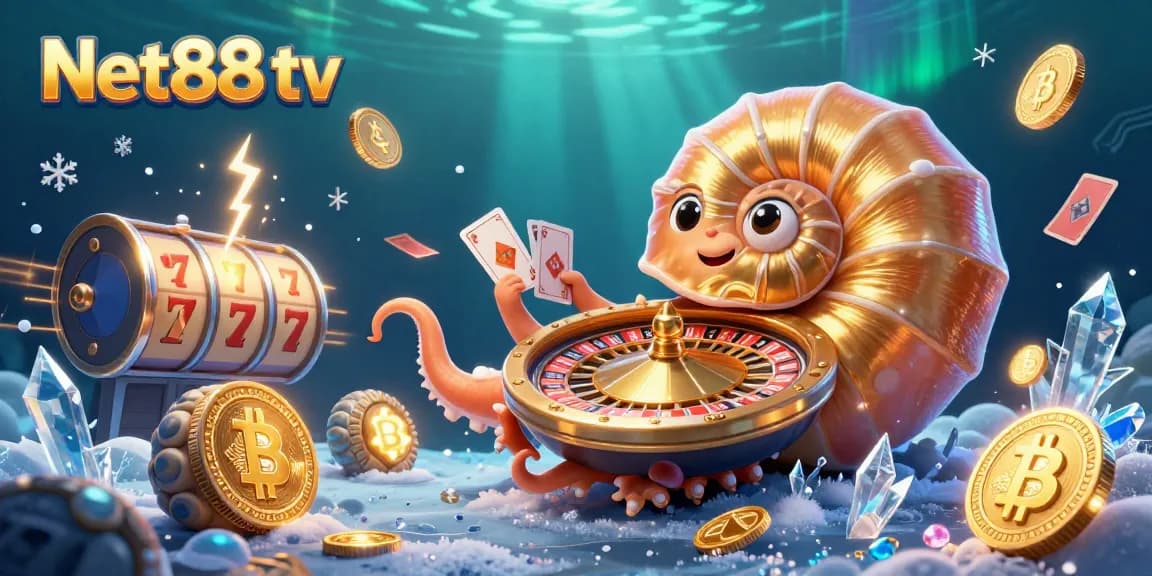 Engage with Net88 tv's exciting casino scene featuring a giant nautilus roulette wheel and jackpot symbols.