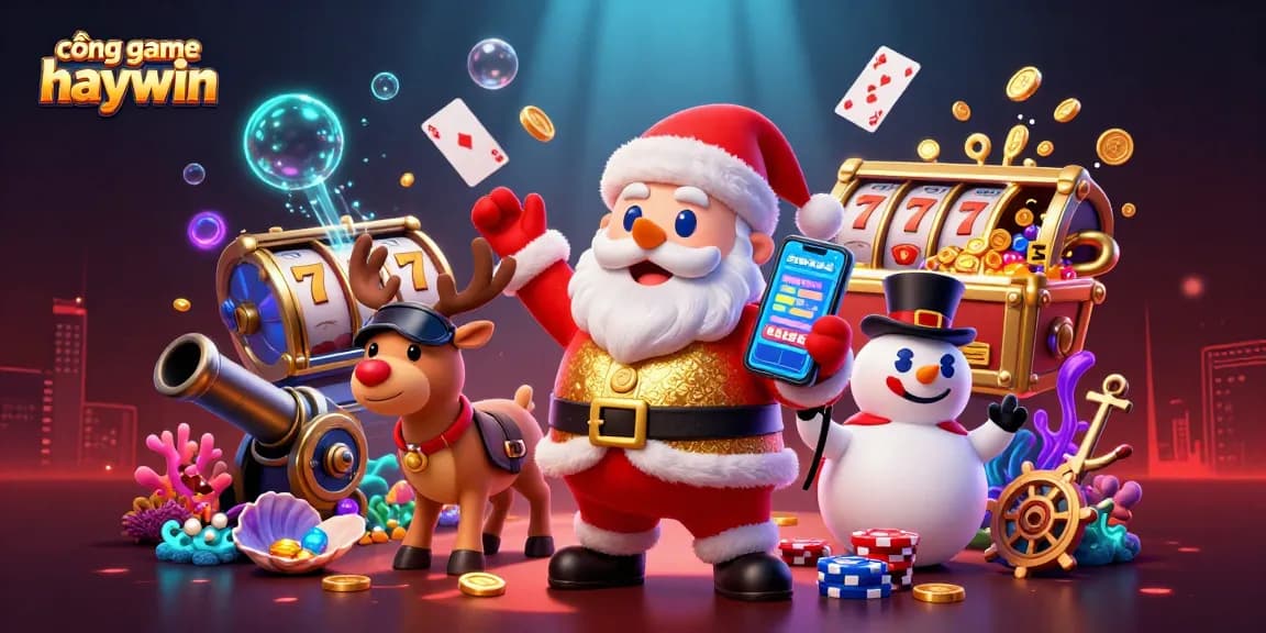 Spin jackpots on cổng game haywin with Santa, his reindeer, and a poker chip snowman!