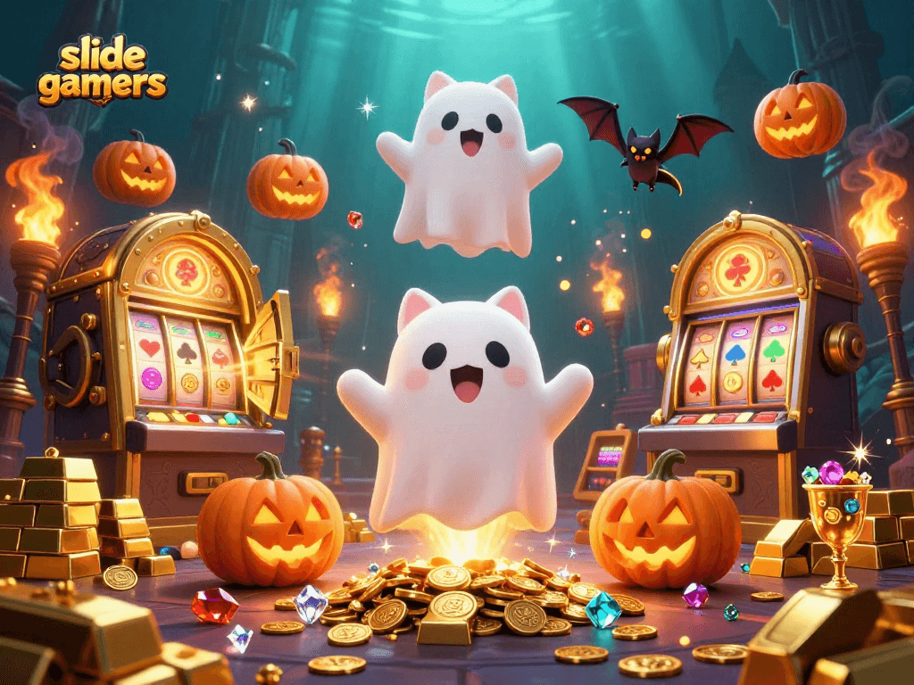 Play and win exciting rewards at slidegamers with a ghost cat in a vibrant haunted casino.
