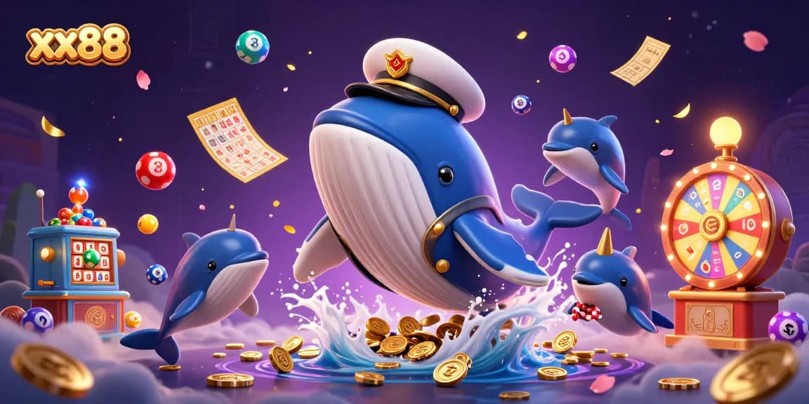 Experience excitement at xx88 with a whale in a captain's coat surrounded by dazzling lottery elements.