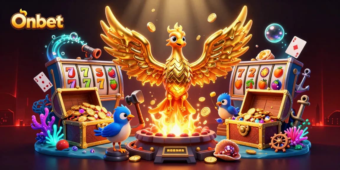 Experience thrilling rewards with Onbet's vibrant 3D casino-themed illustration.