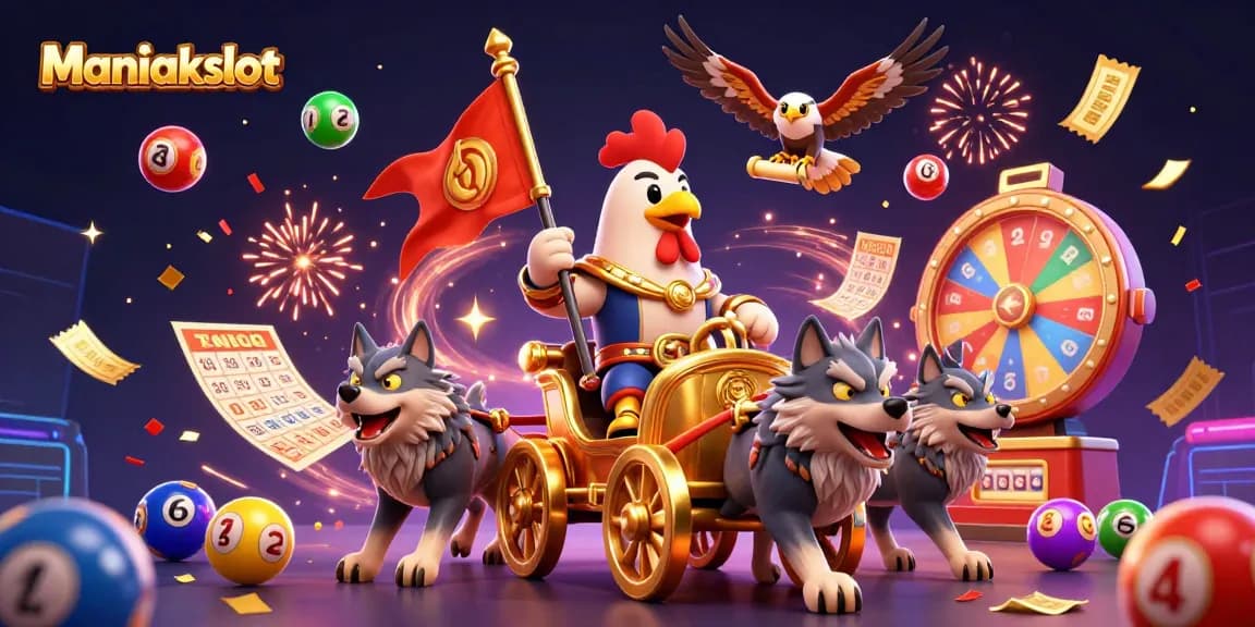 Experience the excitement of Maniakslot with a vibrant illustration of a rooster warlord and dynamic lottery elements.