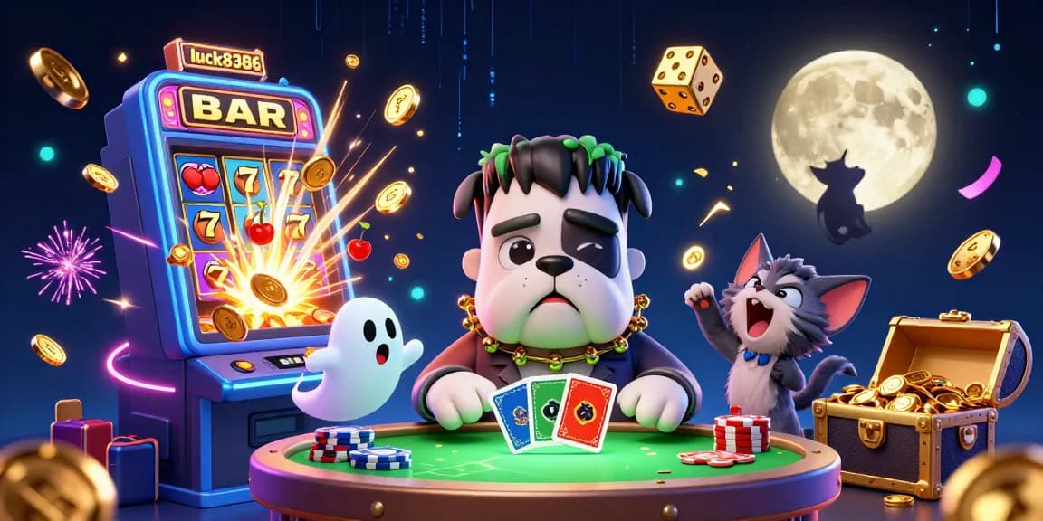 Luck8386 showcases vibrant casino excitement with an illustrative scene of gaming and playful characters.