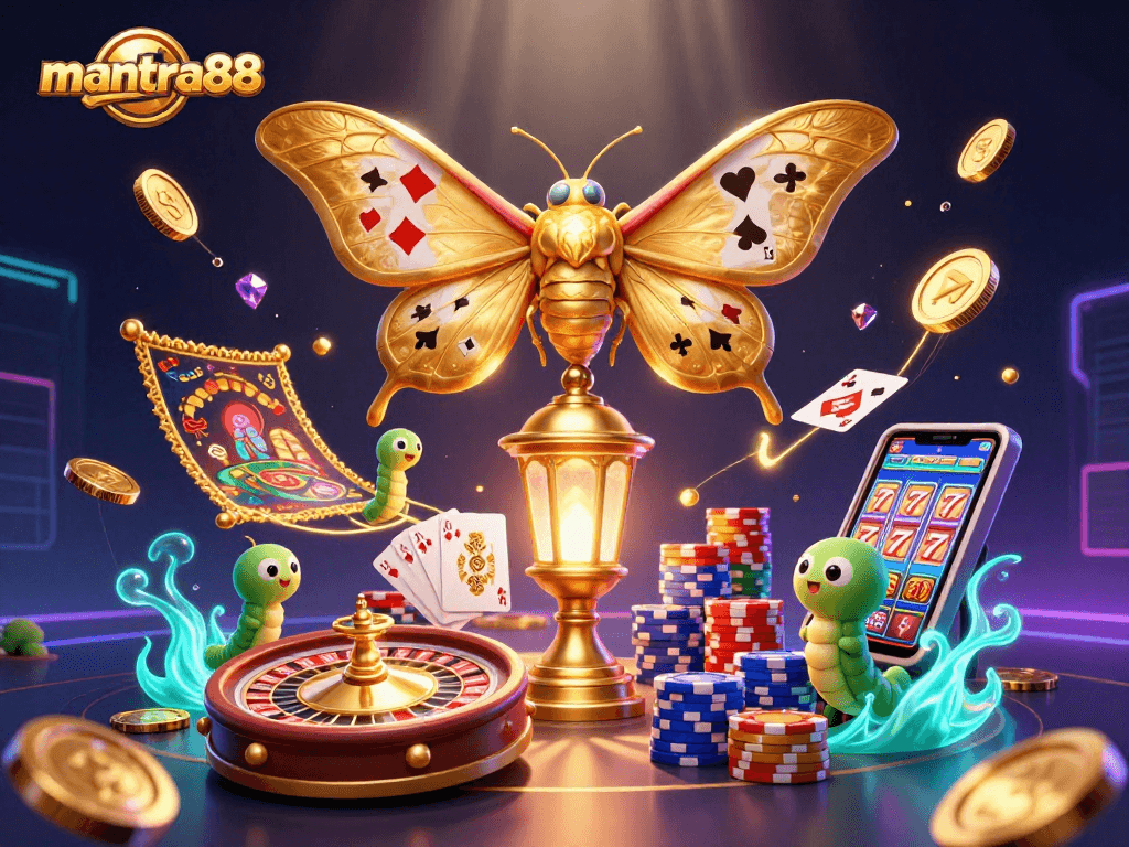 Experience the thrill of mantra88 with a vibrant casino scene featuring a majestic moth and golden treasures.