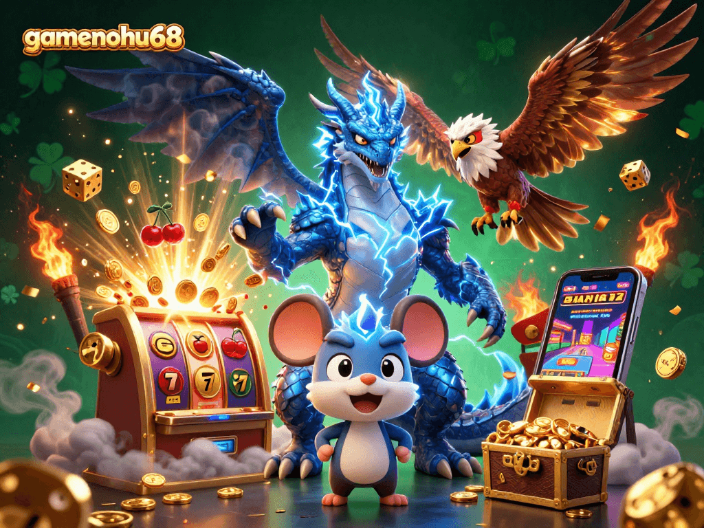 Experience the excitement of gamenohu68 with a thrilling jackpot scene featuring dynamic casino elements and characters.