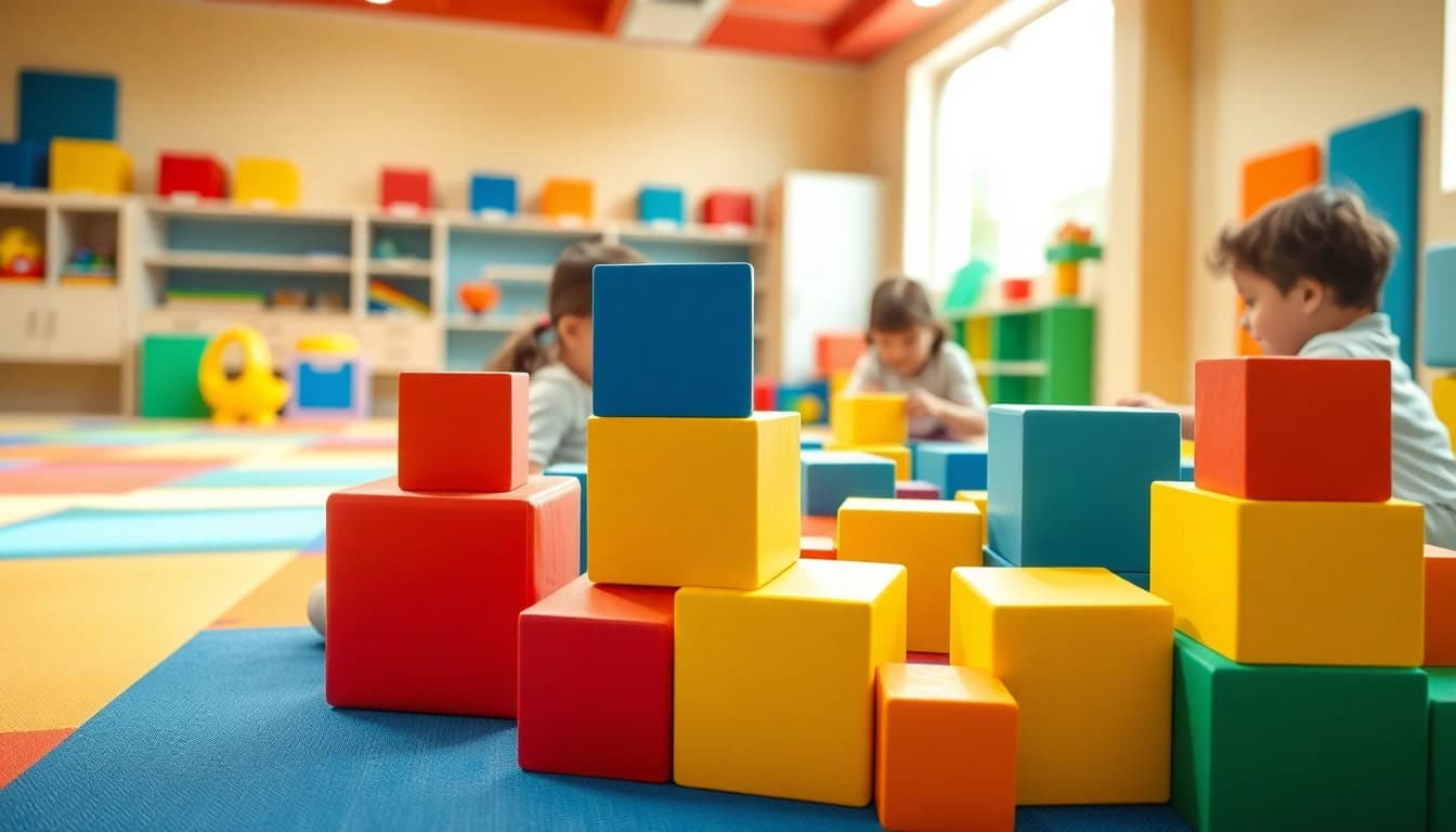 Find out more about kids having fun building with giant foam blocks in a colorful playroom.