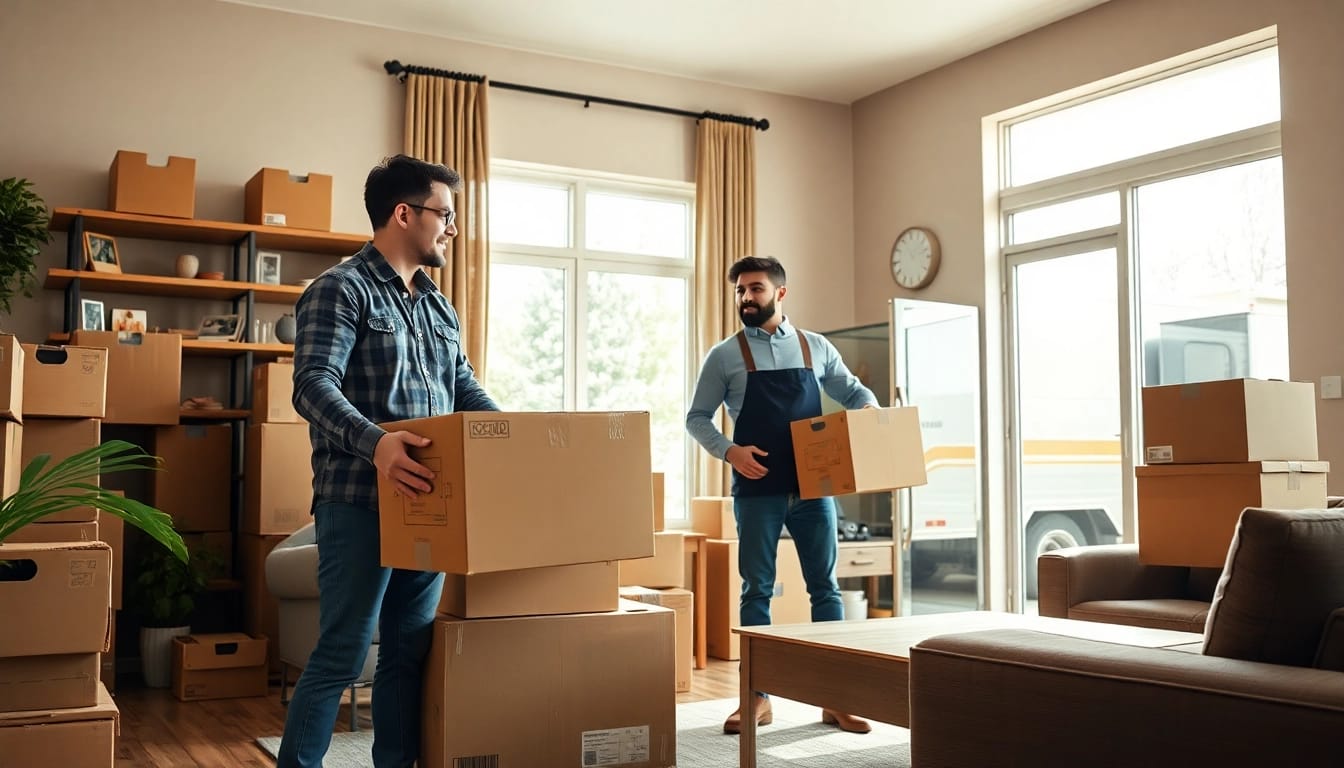 Movers arranging furniture while providing moving services in vinice in a warm, inviting home.