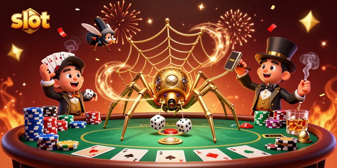 Slot yang menarik dengan laba-laba steampunk menangkap dadu ceria di webnya.