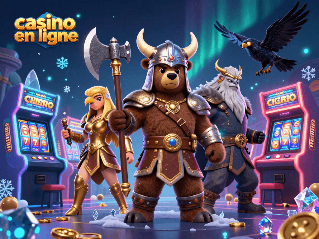 Jouer dans un casino en ligne avec un ours viking et une aigle valkyrie entourés de machines à sous et de pièces d'or.