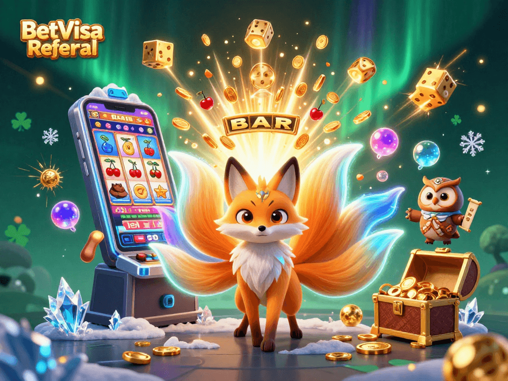 Engage with BetVisa Referral for an exciting gaming scene featuring vibrant 3D characters and jackpot elements.