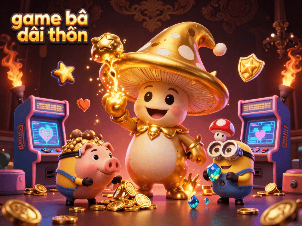 Experience game bài đổi thưởng with a golden wizard and his treasure-finding companions in a vibrant 3D casino world.
