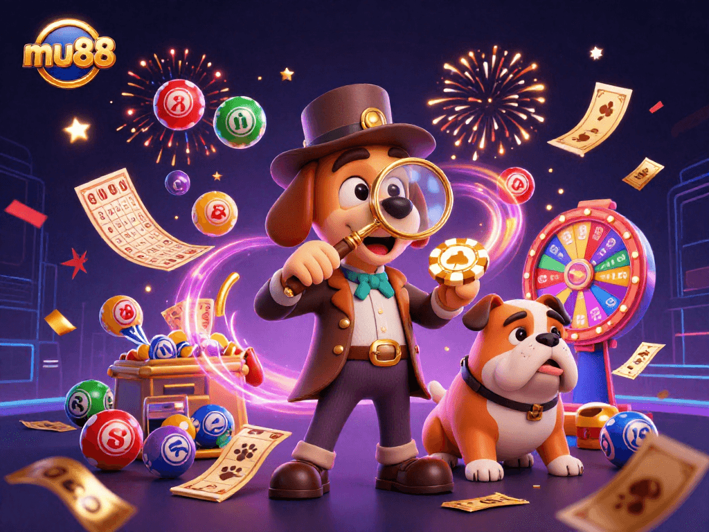 Engage with mu88's thrilling world of gaming through a vibrant, dynamic 3D casino scene featuring colorful lottery elements.