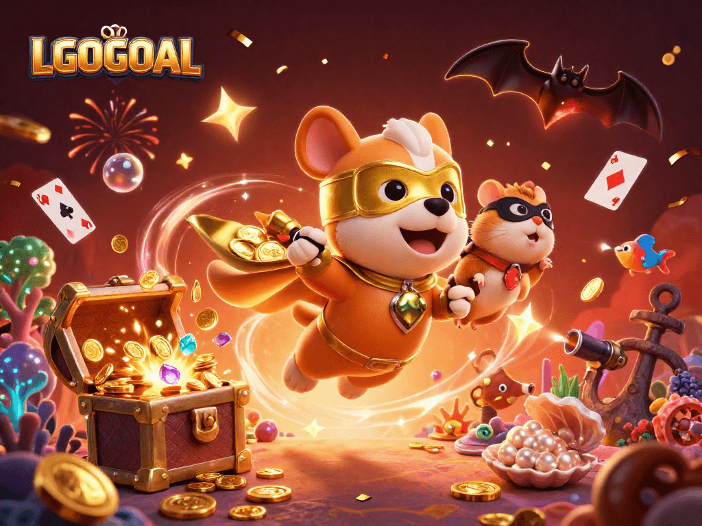 Experience exciting gameplay with LGOGOAL as a superhero dog flies through a treasure-filled scene.