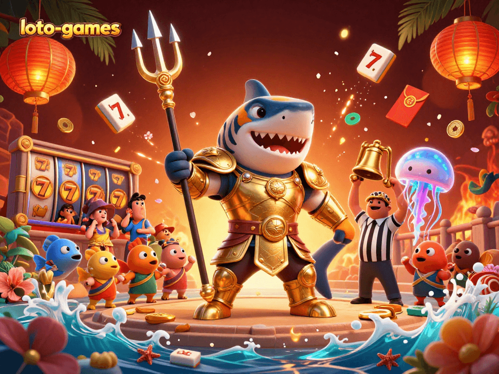 Experience thrilling gameplay at loto-games with a dynamic underwater casino scene featuring a legendary tiger shark.