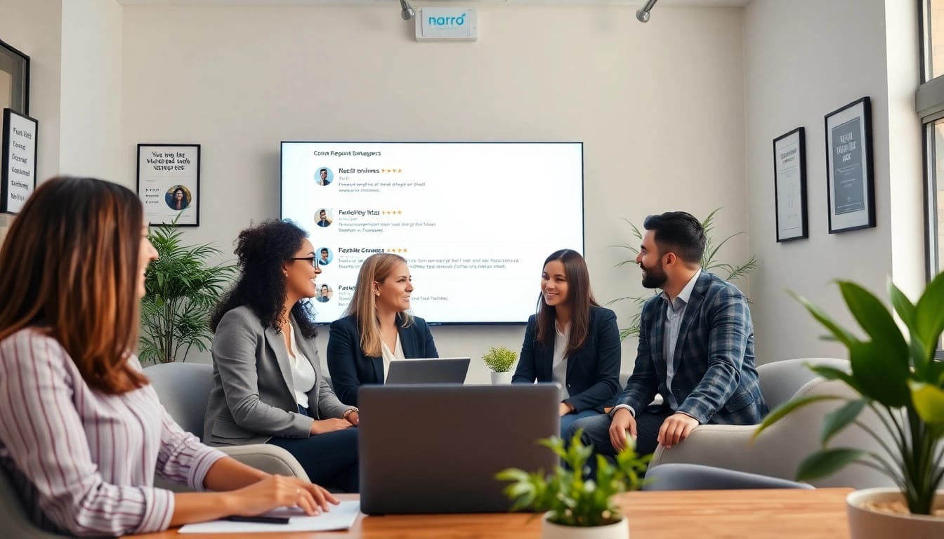 Gestion de reputacion online agencia en una colaboración de equipo profesional en oficina moderna.
