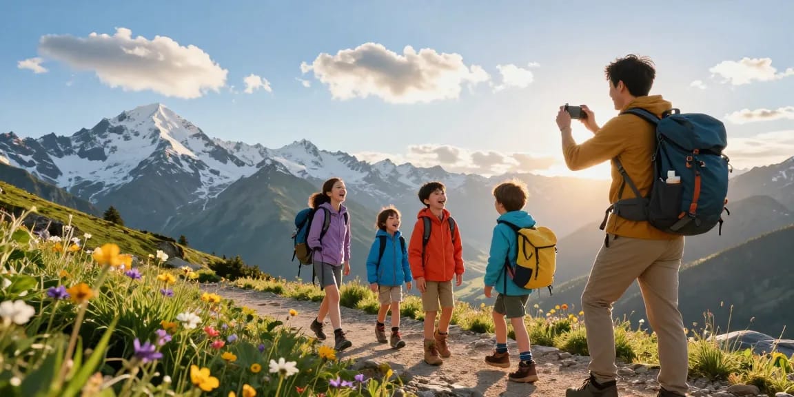 A family hiking adventure in the mountains, celebrating outdoor fun with mantra88.