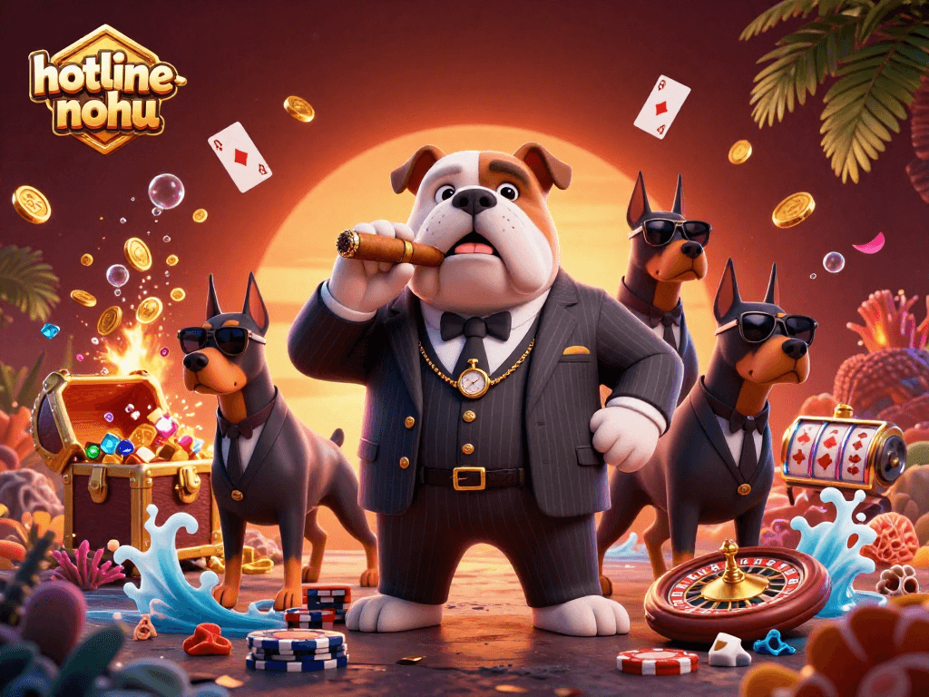 Engage in thrilling wins at hotline-nohu with our cartoon mafia boss and Doberman bodyguards amidst a dynamic casino scene.