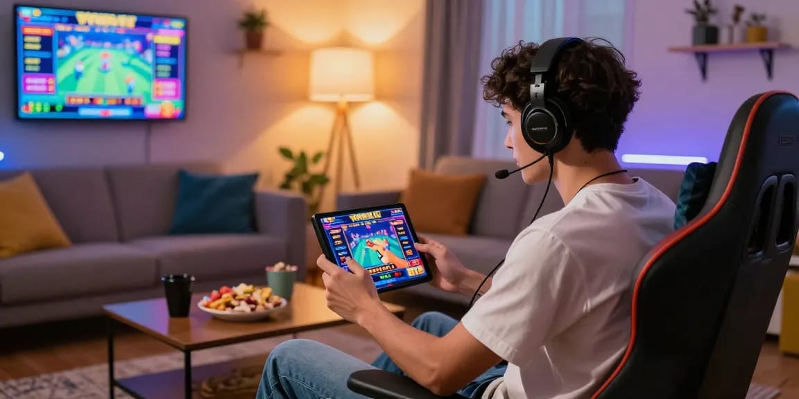Pengalaman bermain LUXURY777 di ruang tamu yang nyaman dengan peralatan game modern.