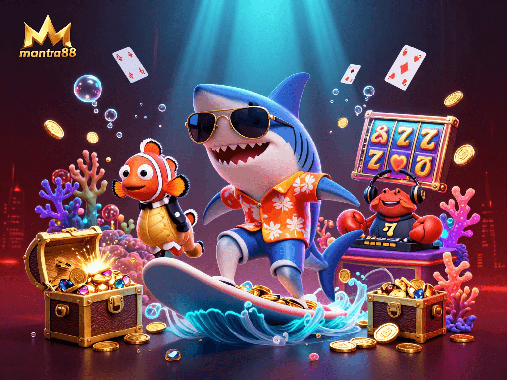 Experience the thrill of mantra88 as a shark surfs on gold coins among floating slot elements in a vibrant underwater scene.