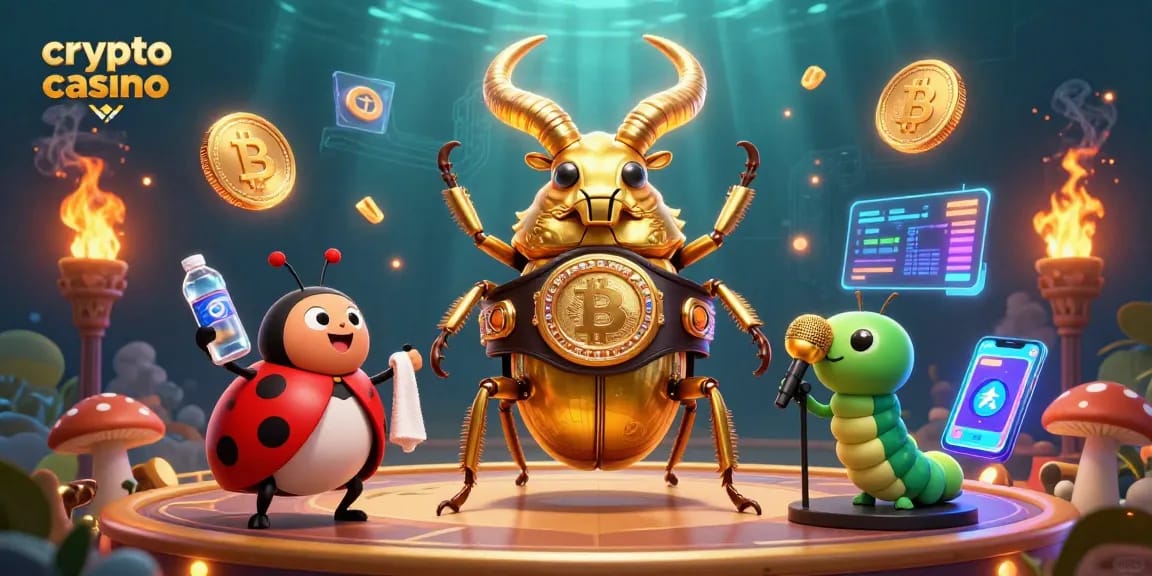 Jouez au crypto casino avec des personnages colorés, des pièces Bitcoin et Ethereum, et une ambiance dynamique