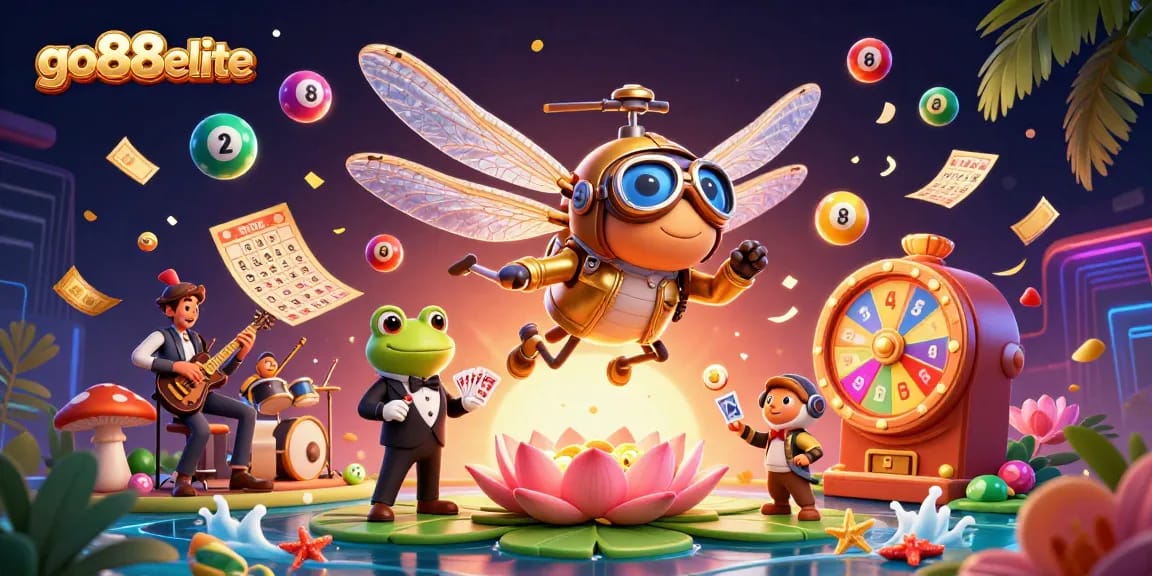 Experience excitement at go88elite with a dynamic dragonfly pilot, frog dealer, and jazz-playing crickets in a vibrant casino setting.