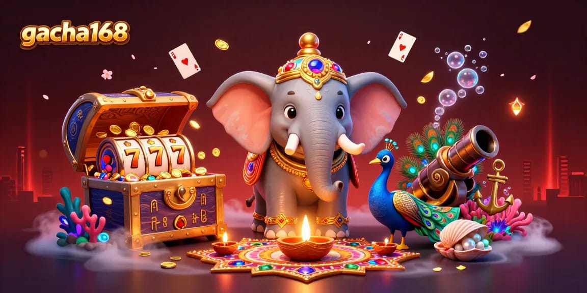 Join the fun at gacha168 with vibrant slots and dynamic casino elements in a 3D illustration.