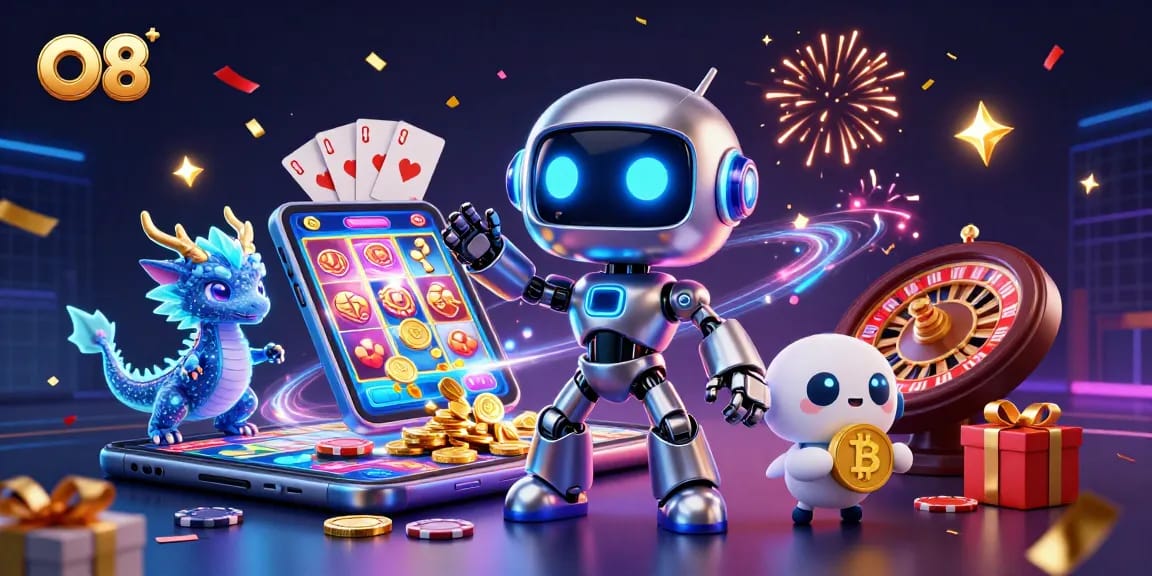 Experience thrilling games at O8 with a captivating scene featuring a cyberpunk mascot and dynamic gaming elements.