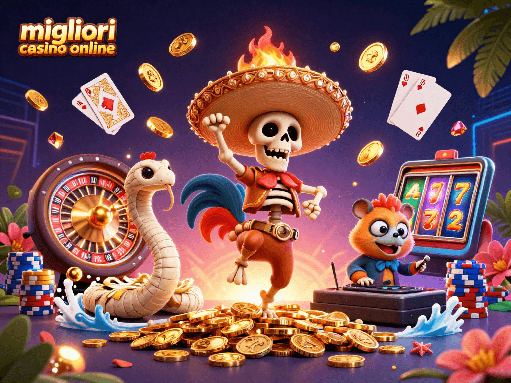 I migliori casino online offrono esperienze uniche con vincite, come mostrato da un roaster mariachi che danza tra monete dorate.