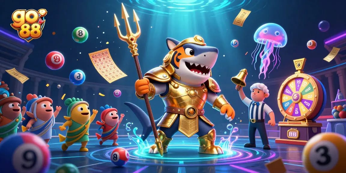 Engage with the thrilling go 88 casino experience amidst festive lottery elements and dynamic underwater visuals.