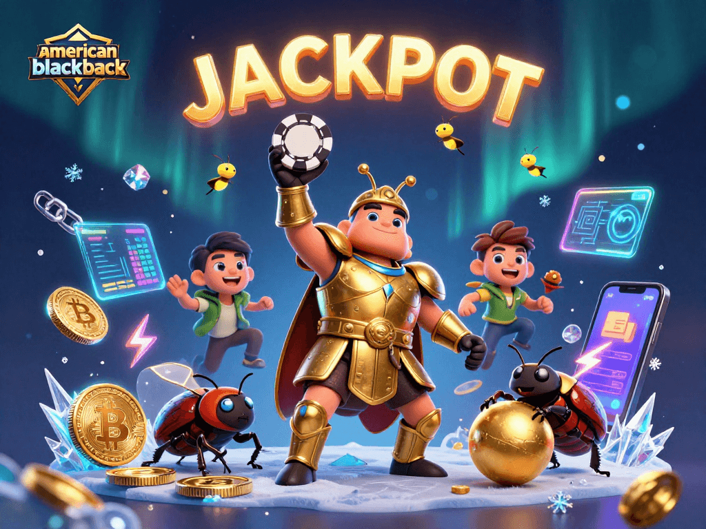 Engaging scene showcasing american-blackjack with a heroic beetle, winning poker chips, and cryptocurrency elements.