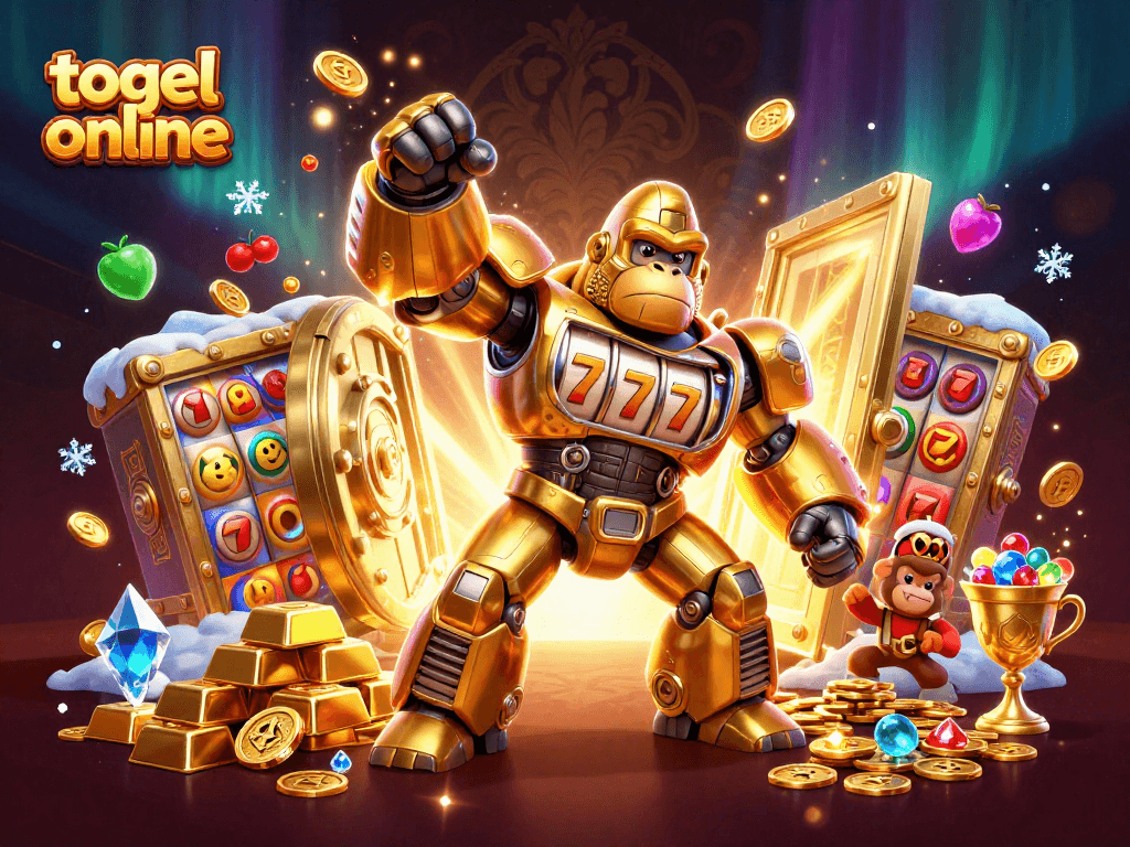 Engage with togel online in this vibrant 3D scene featuring a golden gorilla mech and floating slot symbols.