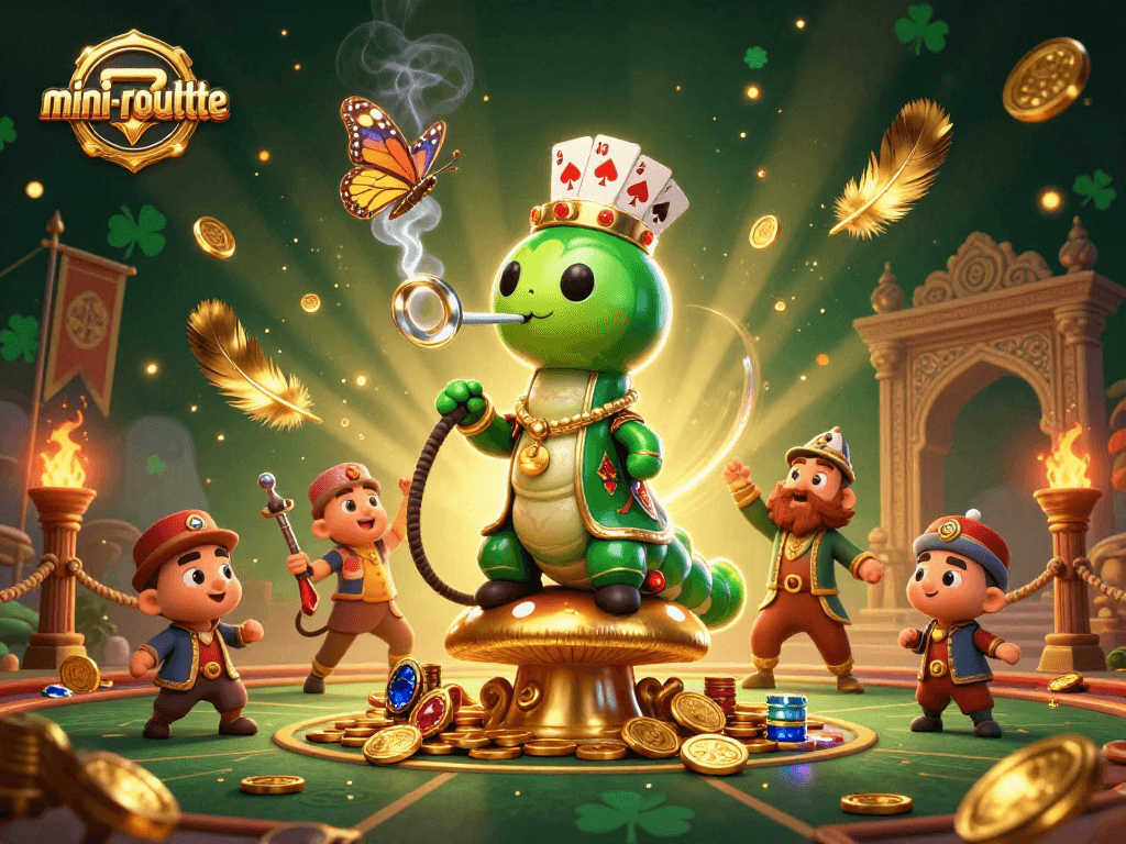 Engage with mini-roulette game elements depicted in a vibrant 3D illustration featuring poker symbols and gold coins.